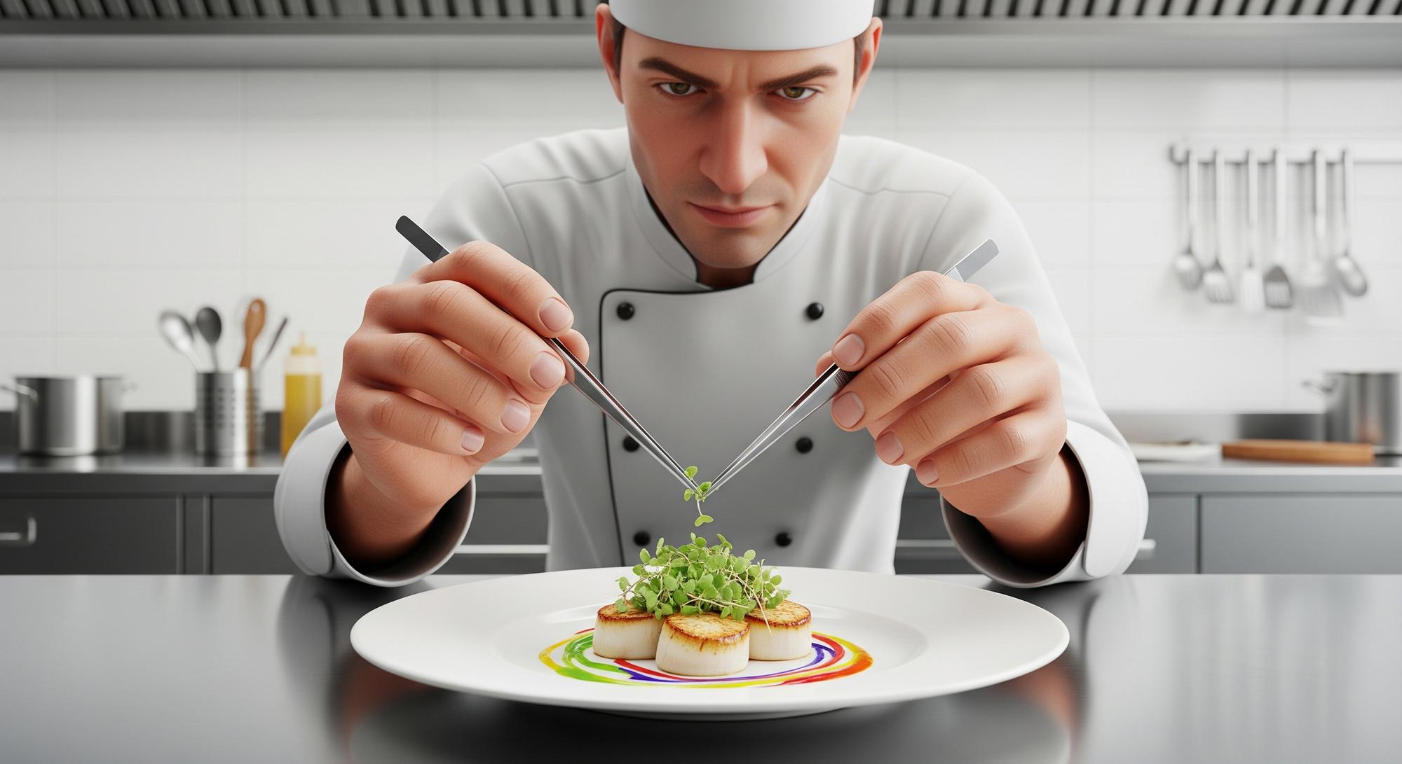 Chef preparing plated dish with modern tools